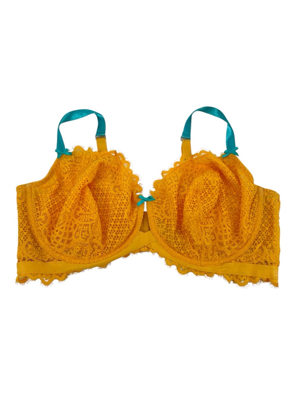 Cacique Lane Bryant Mustard Yellow and Teal Lace Unlined Balconette Bra 46DDD